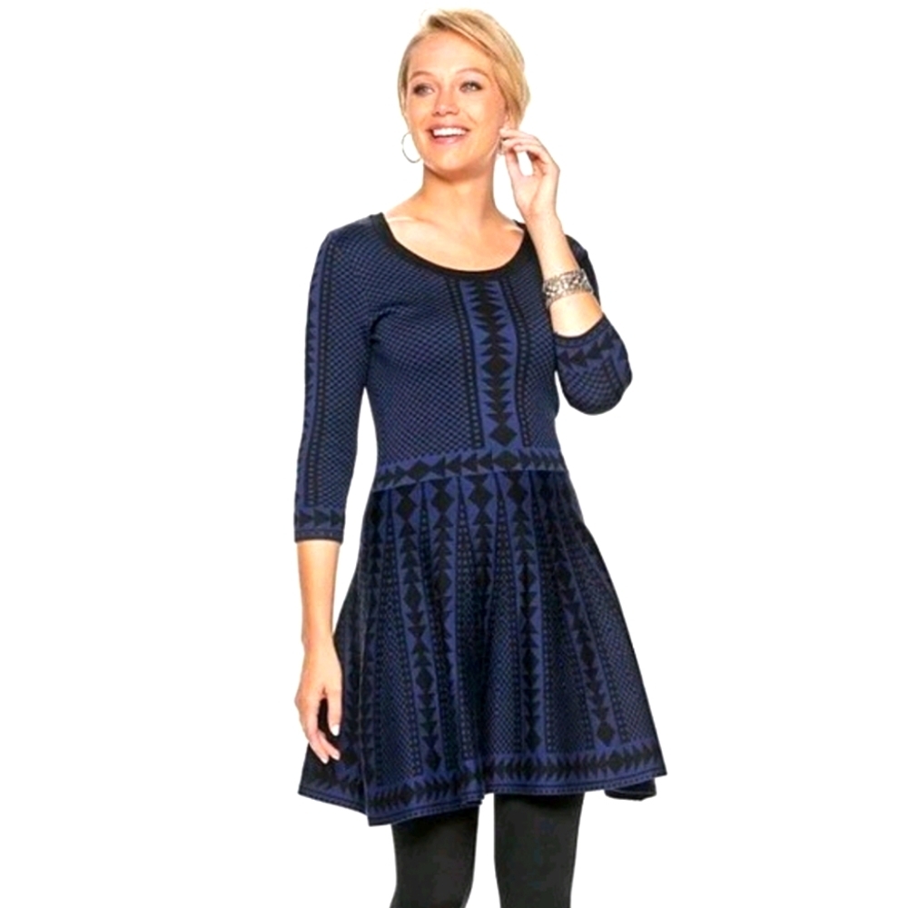 Nina Leonard Geometric Long Sleeve Scoop Neck Sweater Dress Plus Size